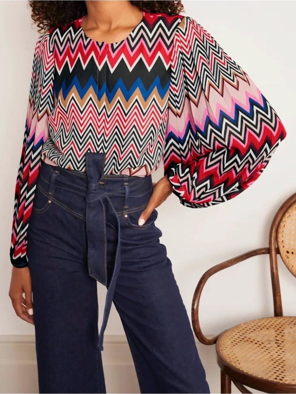 Boden Elsie Pleated Balloon Sleeve Chevron Print Multicolor Blouse Retro Top 10
